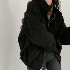 Vintage Stand Collar Velvet Loose Zipper Jacket