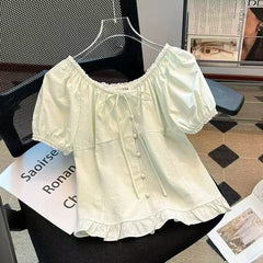 Aesthetic Lace Trim Tie-Up Puff Sleeve Blouse