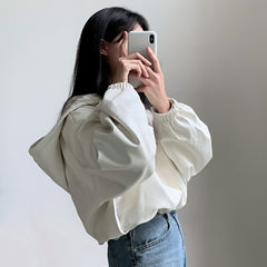 Solid Color Crop Pu Leather Hooded Jacket