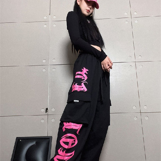 Gothic Letter Pocket Patch Wide Leg Sweatpants - fairypeony