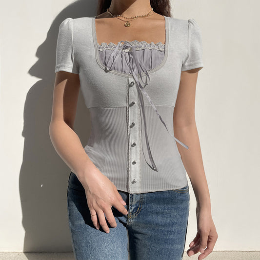 Lace Patchwork Square Neck Short Sleeve Tee
