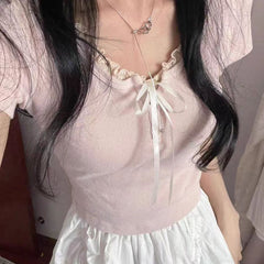 Coquette Tie Front Lace Trim Tee