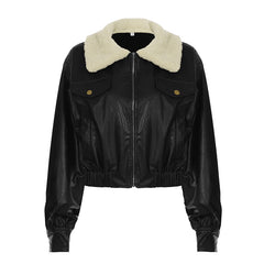 Vintage Fur Collar Pu Leather Zip Up Jacket