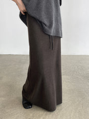 Elastic Waist Knitted Wool Blend Straight Midi Dress – Warm Drawstring Skirt Dress