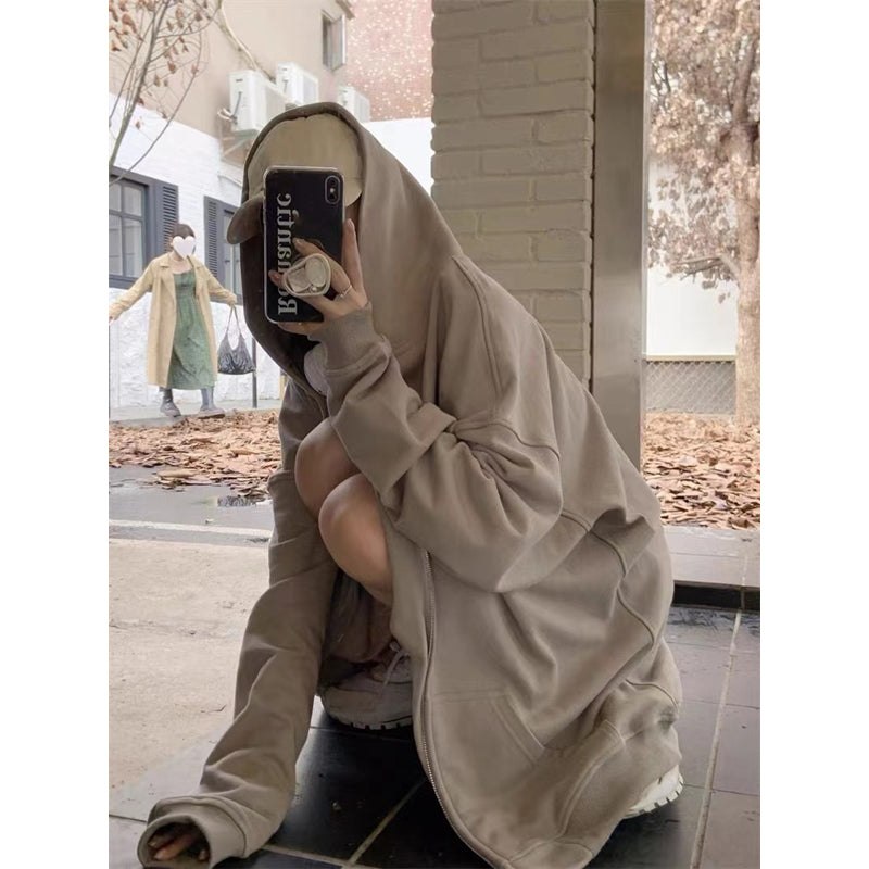 Solid Zip Up Oversized Hoodie - fairypeony