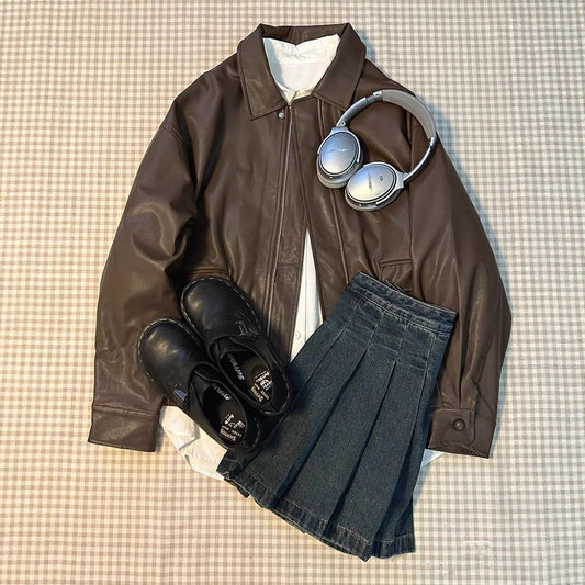 Retro Biker PU Leather Jacket – Asymmetric Zip Double Collar Moto Coat