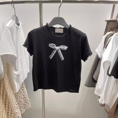 Lace Trim Bow Print Short Sleeve Tee