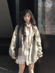 Drawstring Stand Collar Loose Jacket – Windproof Korean Cotton Coat in Khaki