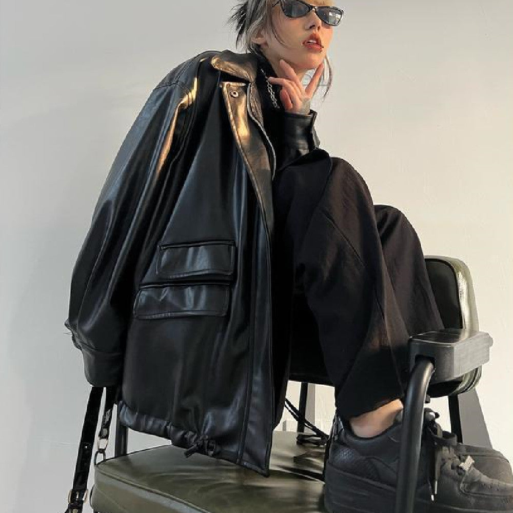Oversized Black Faux Leather Jacket - fairypeony