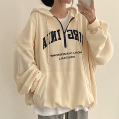 Vintage Letter Print Pullover Zipper Hoodie