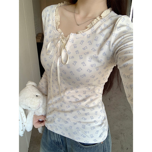 Ruffled Lace Trim Front Tie Long Sleeve Tee