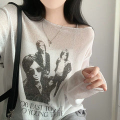Thin Portrait Print Knit Top - fairypeony