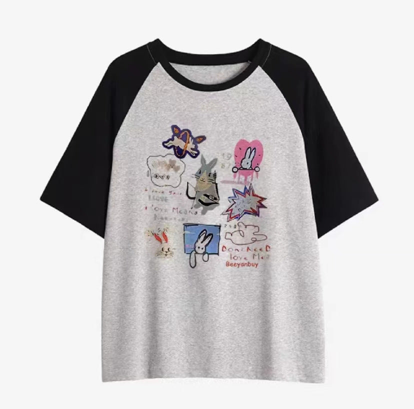 Cartoon Print Raglan Short Sleeve Tee