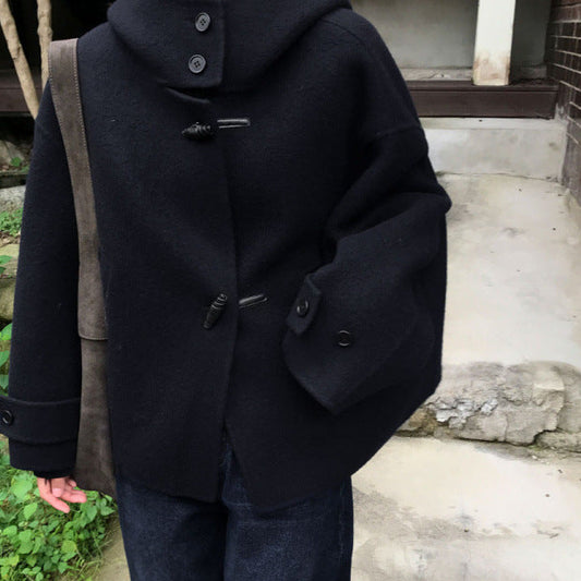 Korean-Style Hooded Woolen Jacket – Horn Button Loose Coat in Black