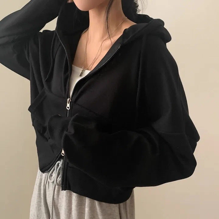Solid Color Oversized Crop Zip Up Hoodie