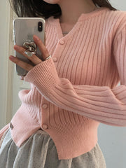 Round Neck Solid Color Rib Long Sleeve Cardigan