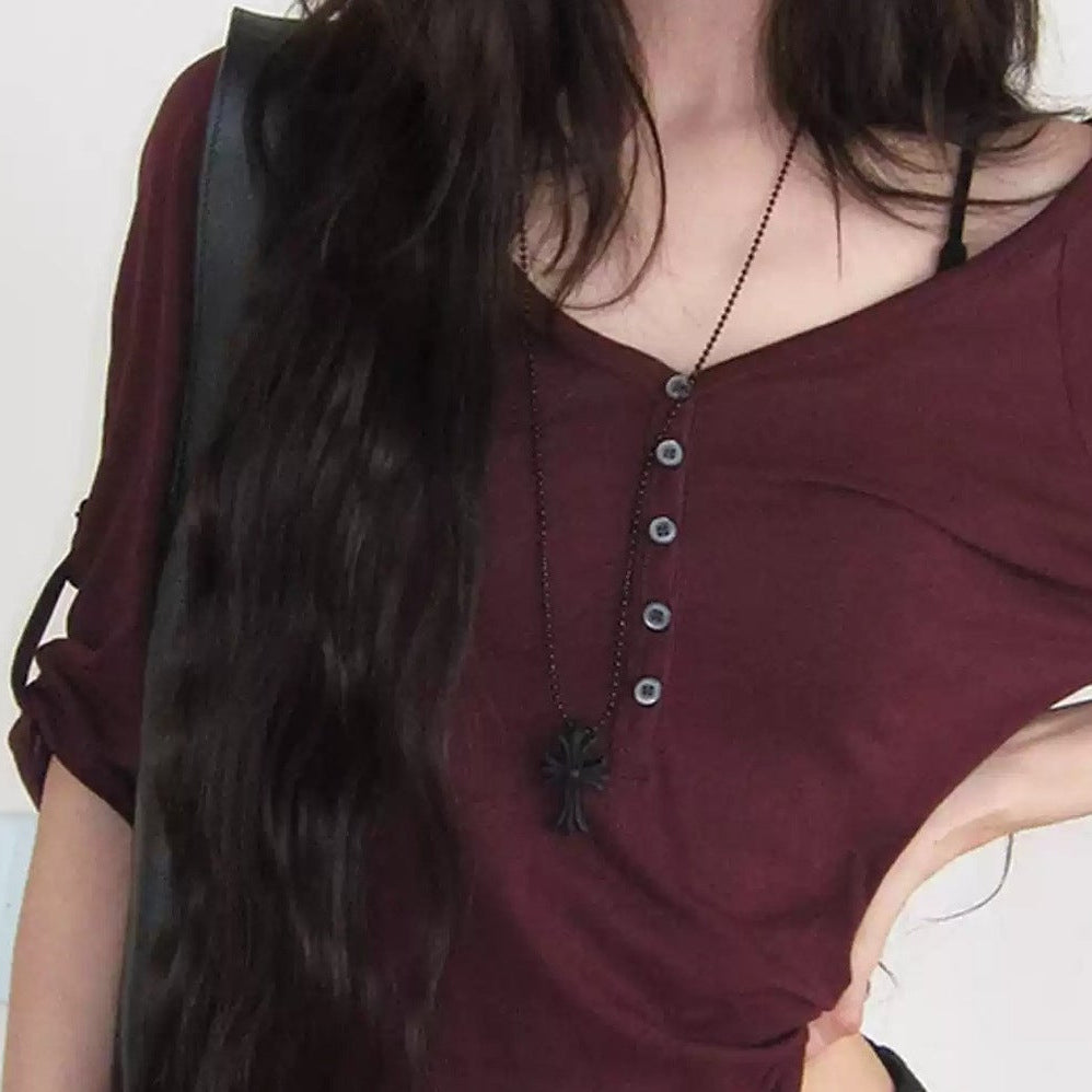 Slim fit half sleeve lapel top in burgundy red, button placket detail