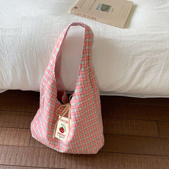 Double-Sided Plaid Canvas Tote Bag