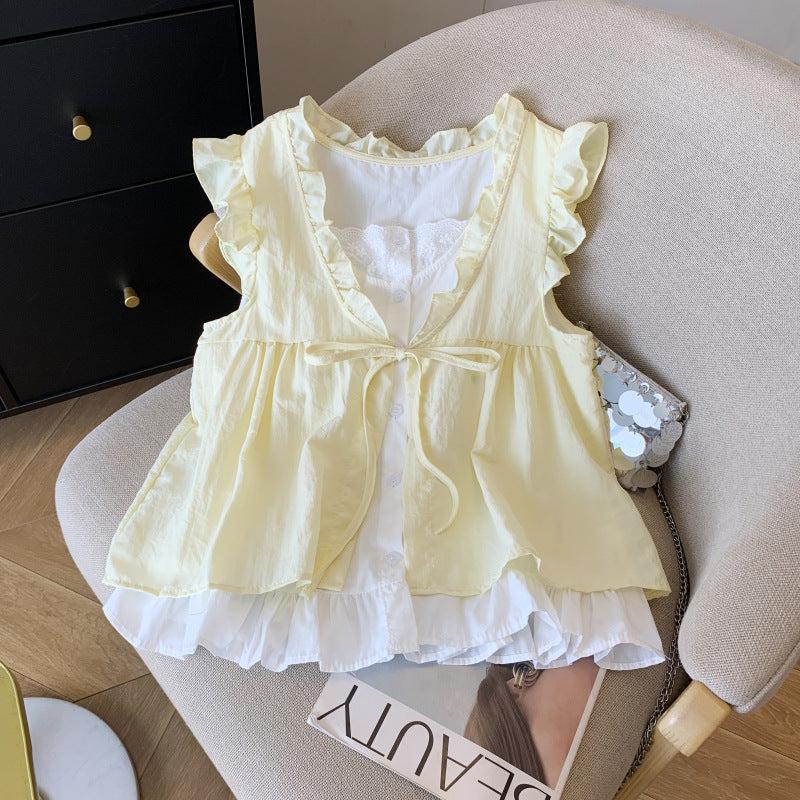 Aesthetic Ruffled V-Neck Fake Two Piece Blouse - fairypeony