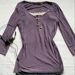 2000s Lace Panel Knit Top – Square Neck Button Detail in 4 Colours S–L