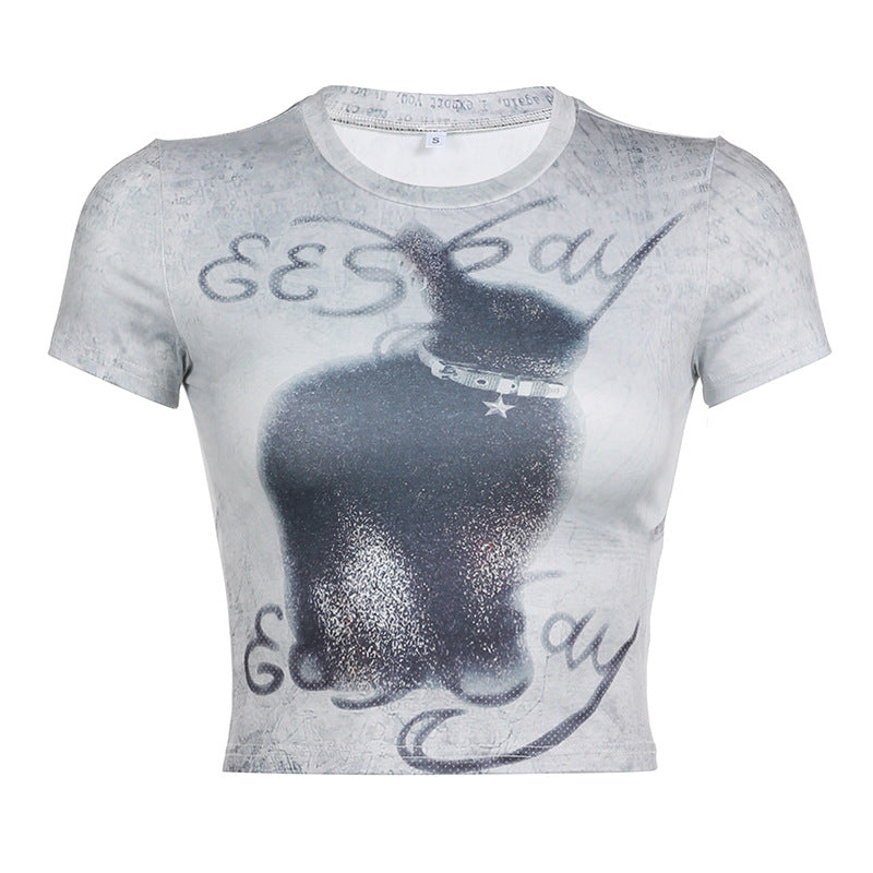 Printed Short Sleeve Crop Top - fairypeony