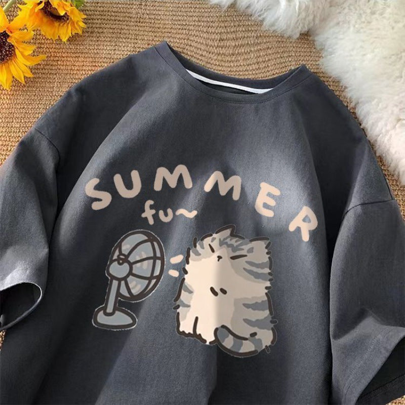 Aesthetic Kitten Print Oversized T-shirt - fairypeony