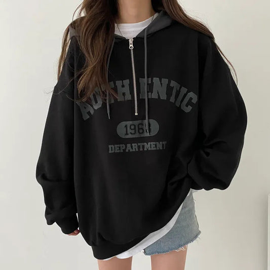 Vintage Letter Print Zipper Oversized Hoodie