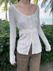 Low round-neck open-knit cardigan