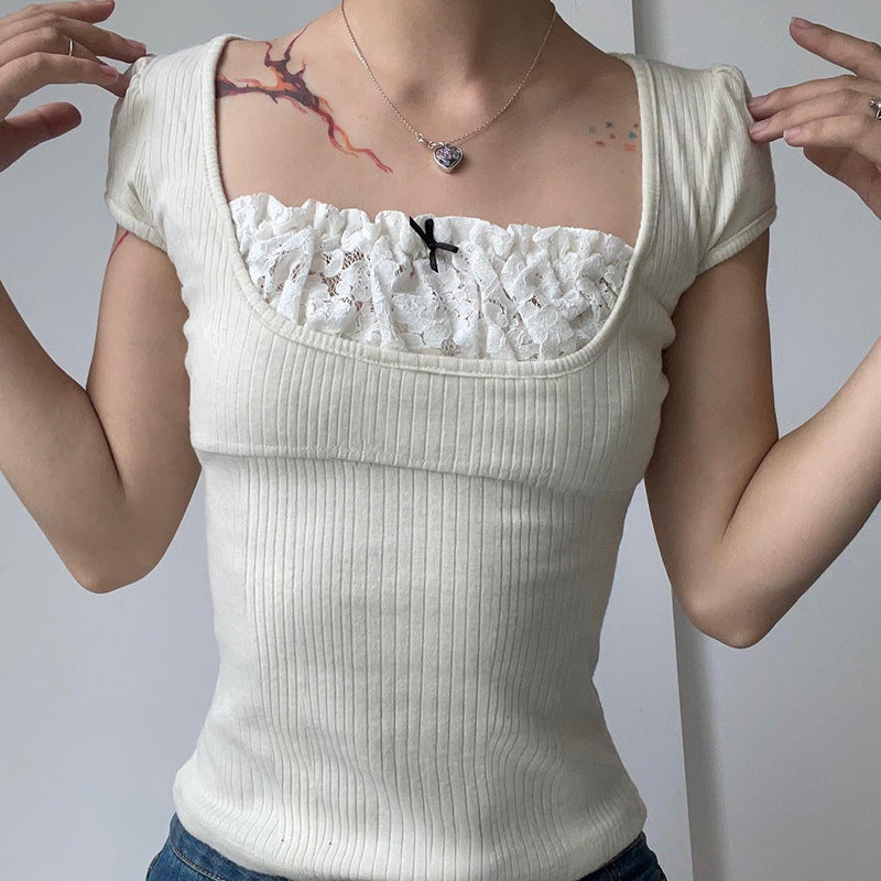 Square Collar Lace Bow Short Sleeve Rib Tee - fairypeony