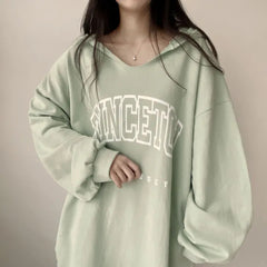 Letter Print Oversized Hooded Long Sleeve Tee - fairypeony