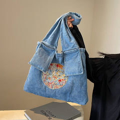 Indie Embroidered Denim Tote Bag