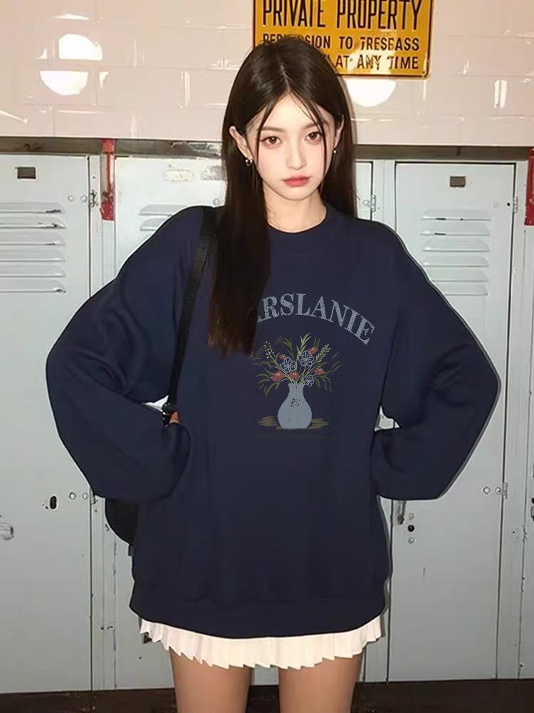 Pure cotton navy blue round-neck pullover for women
