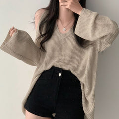 V-Neck Off Long Sleeve Oversized Knit Tee