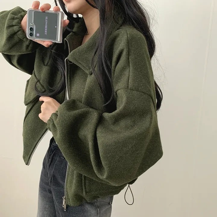Solid Color Loose Double Pocket Wool Jacket - fairypeony