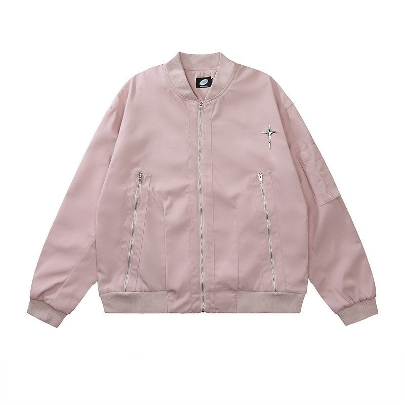 Metal Star Oversized Zip Up Bomber Jacket - fairypeony