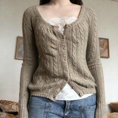 Twist-Knit Button Cardigan with U-Neck