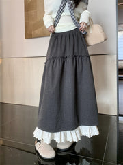 Stretch Waist Pleated Lace-Hem Midi A-Line Skirt – Sweet Autumn Wool-Feel Half Skirt