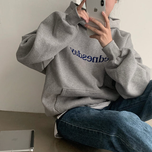 Vintage Embroidery Letter Solid Color Hoodie - fairypeony