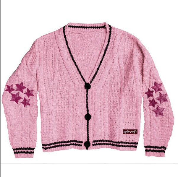 Oversize Star Embroidered Cable Knit Cardigan - fairypeony