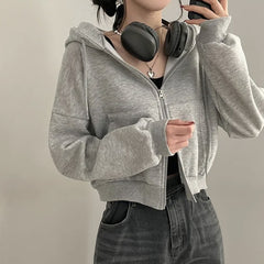 Solid Color Oversized Crop Zip Up Hoodie