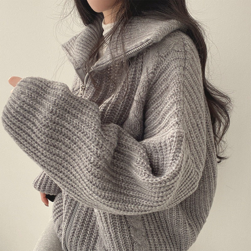 Cable Knit Oversized Zip Up Cardigan - fairypeony