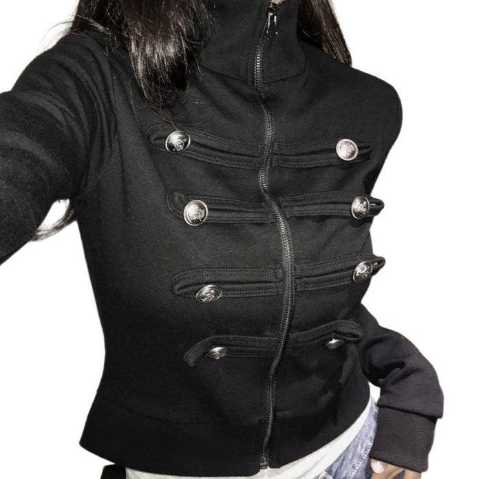 Stand collar military-style cropped zip jacket in black, silver button detail
