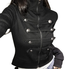 Stand collar military-style cropped zip jacket in black, silver button detail