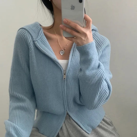 Double-headed Zipper Solid Color Hooded Cardigan