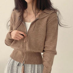 Solid Color Zip Up Waist  Trimming Hooded Cardigan