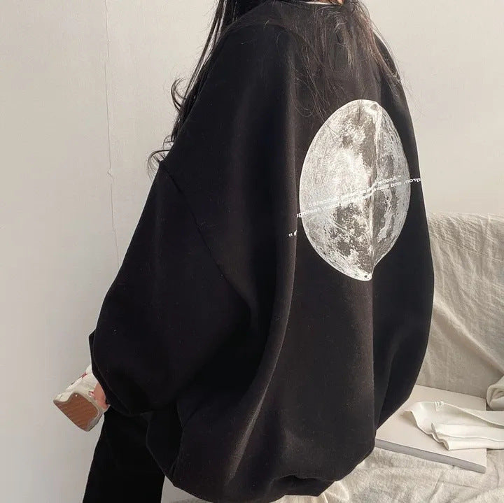Vintage Back Moon Print Pullover Sweatshirt - fairypeony
