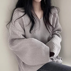 V-Neck Solid Color Loose Sweater