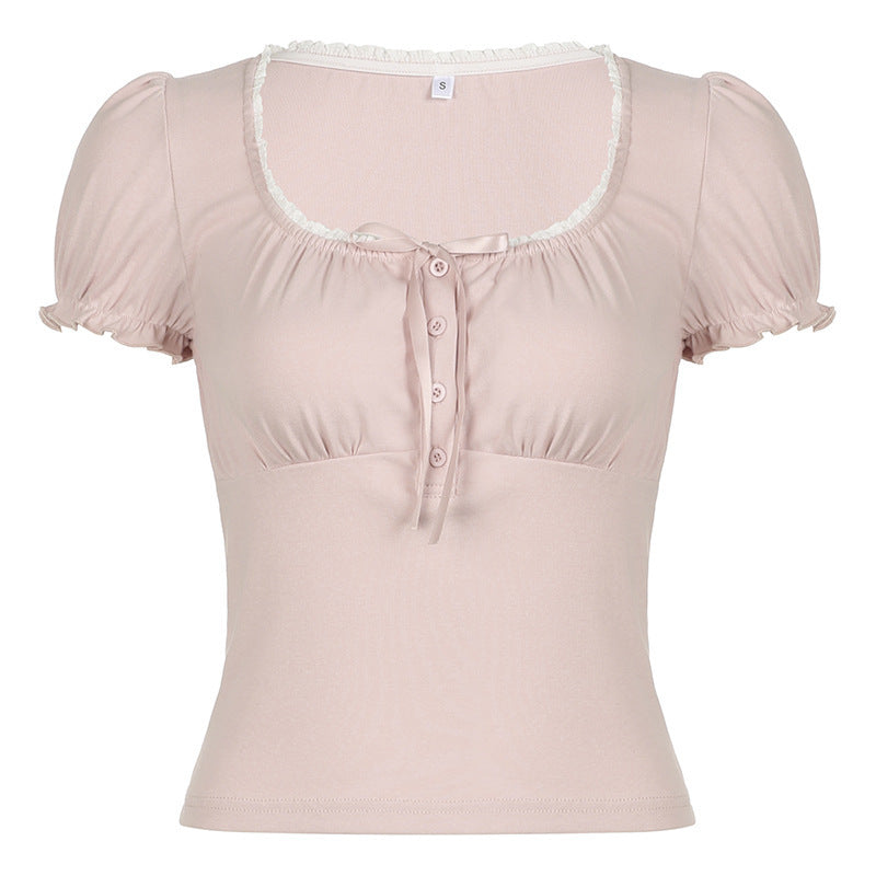 Lace Trim Coquette Puff Short Sleeve Tee