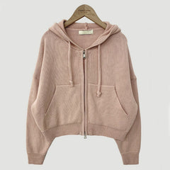 Solid Color Hooded Zip Up Knitted Crop Cardigan