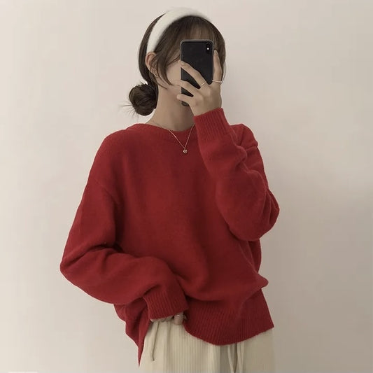 Solid Color Round Neck Pullover Sweater - fairypeony